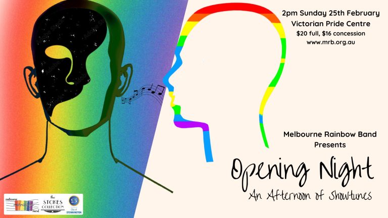 Melbourne Rainbow Band, Opening Night, An Afternoon of Showtunes poster: with date, time, prices, website, and location,