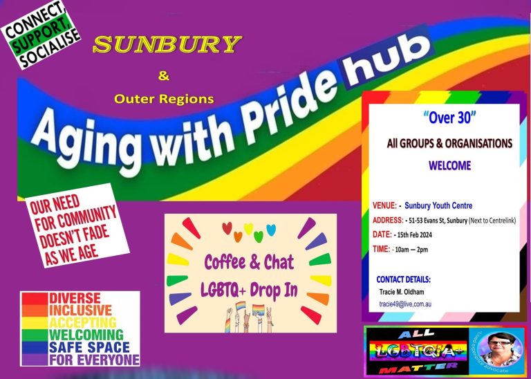 Aging with Pride Hub poster with location, date, time and contact details.