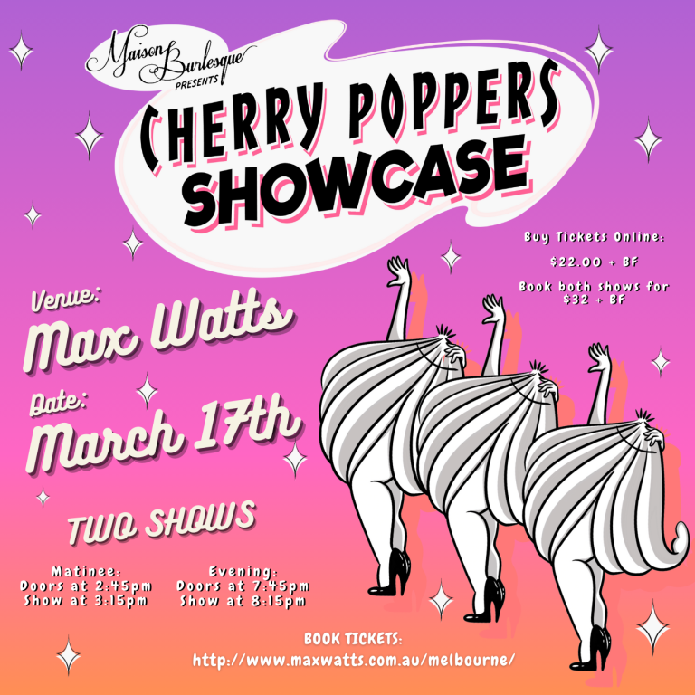 Cherry Poppers showcase poster with date, time, location, prices and ticket link.