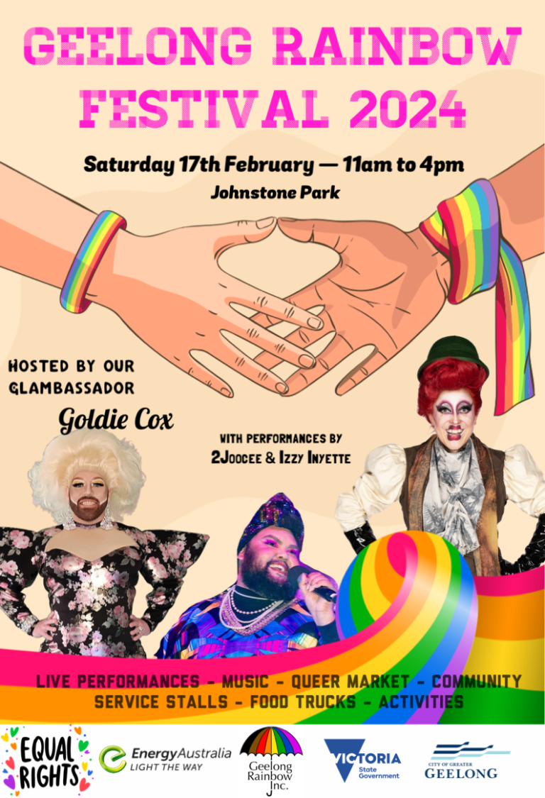 Geelong Rainbow Festival 2024 poster with lineup, headshots, partners, and two animated hands with pride wristbands about to shake.