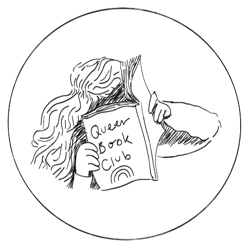 Sketch drawing of person reading a book with the title Queer Book Club showing on the front cover with a rainbow