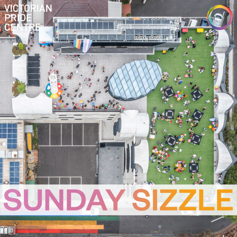 VPC Sunday Sizzle Poster with a birds eye view shot of the rooftop of the Pride Centre