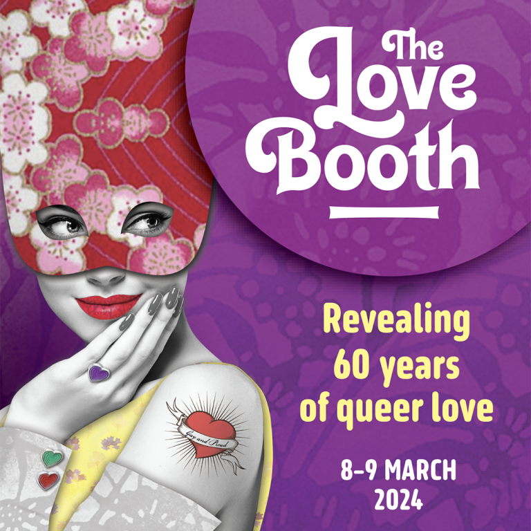 The Love Booth poster features the event date and an animated masked person posing.