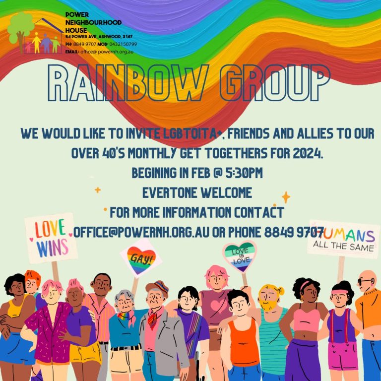 The Power Neighbourhood House Rainbow Group poster with details and animated people holding protest posters.