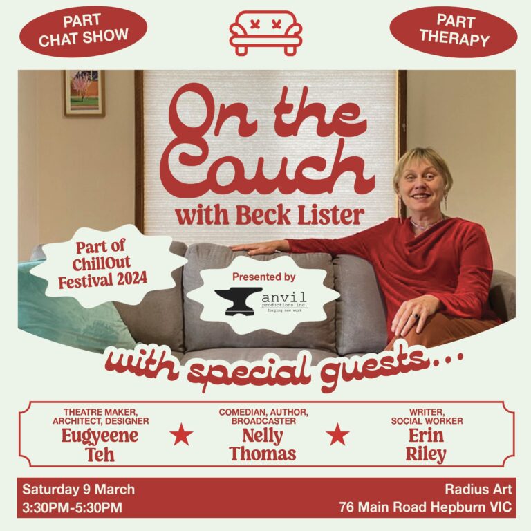 "On the Couch with Beck Lister" poster with guest lineup, location, date, animated couches, and a headshot.