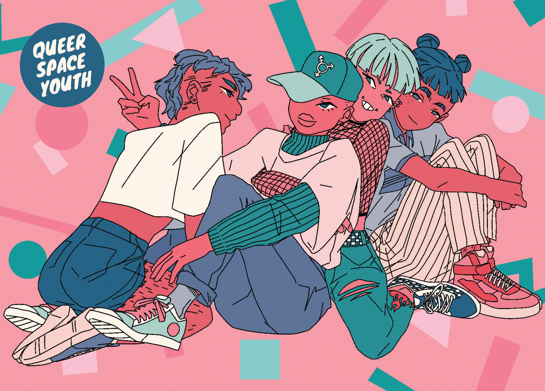 Queer Space Youth Postcard with four animated drawings of a group of friends