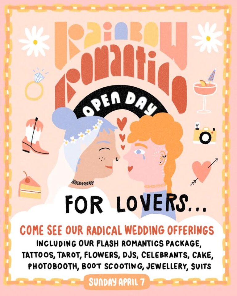 Rainbow Romantico open day poster with description and date