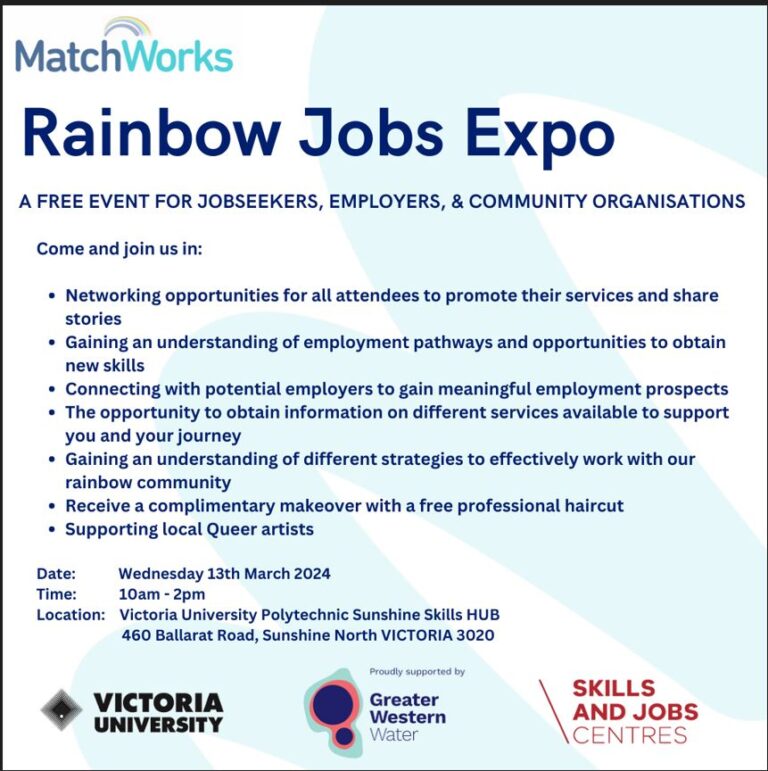 MatchWorks Rainbow Jobs Expo with description, date, time, location, and sponsors displayed.