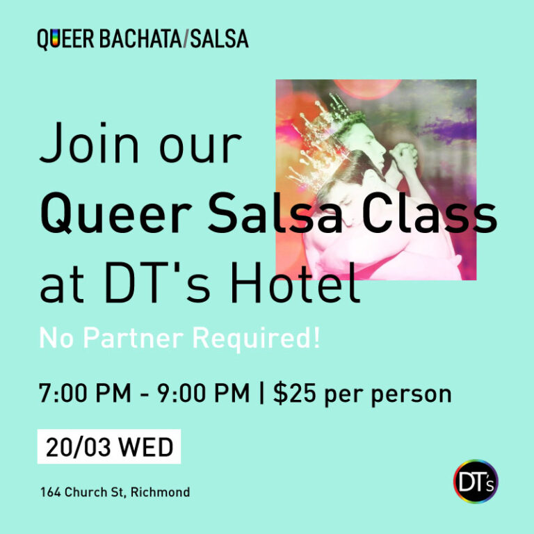 Queer Salsa Class poster at DT's Hotel with date, price of class and times.