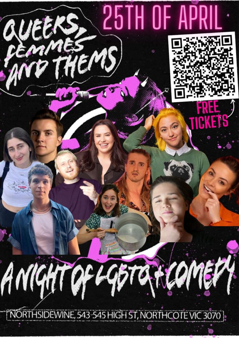 A Night of LGBTQ+ Comedy for Queers, Femmes and Thems poster with date, location and QR code to tickets