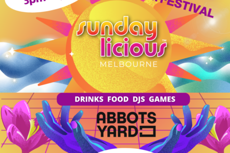 Sundayliscious Party poster at Abbots Yard, with date and time.