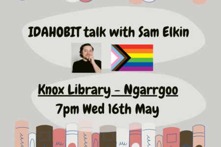 IDAHOBIT talk with Sam Elkin poster with animated books, location, time and date.
