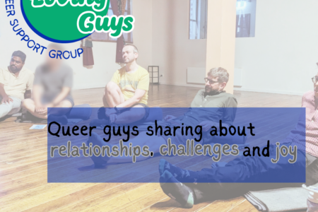 Guys Loving Guys Peer Support Group: a gathering of men arranged in a semicircle text about relationships, challenges and joy overlaid