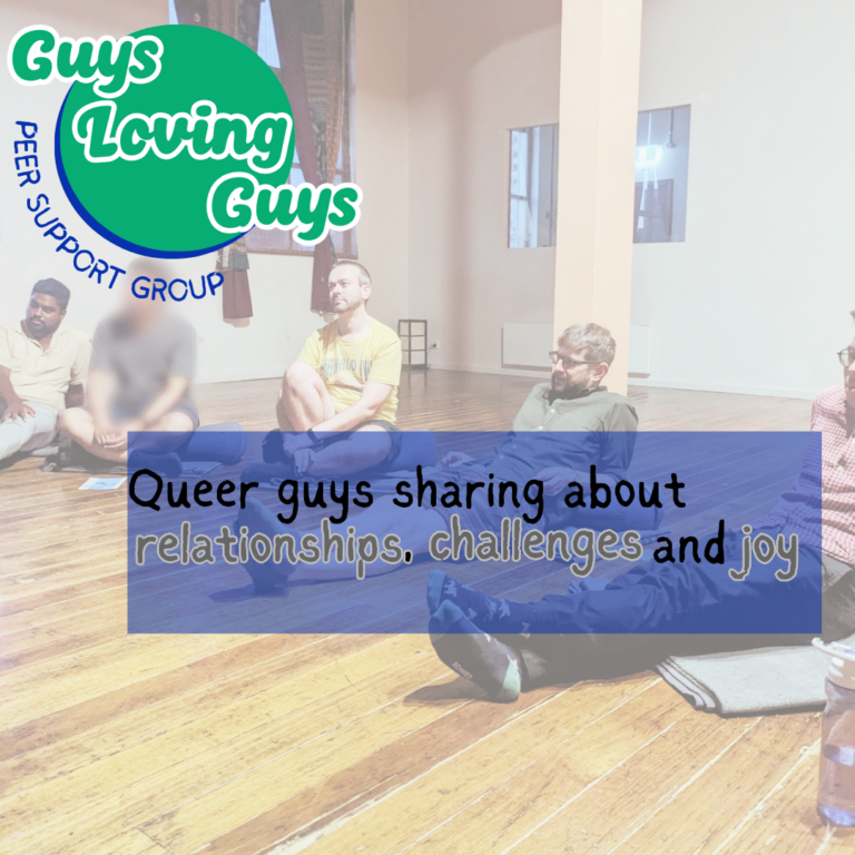 Guys Loving Guys Peer Support Group: a gathering of men arranged in a semicircle text about relationships, challenges and joy overlaid