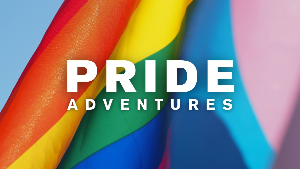 Pride Adventures written in capitals over the Pride Flag