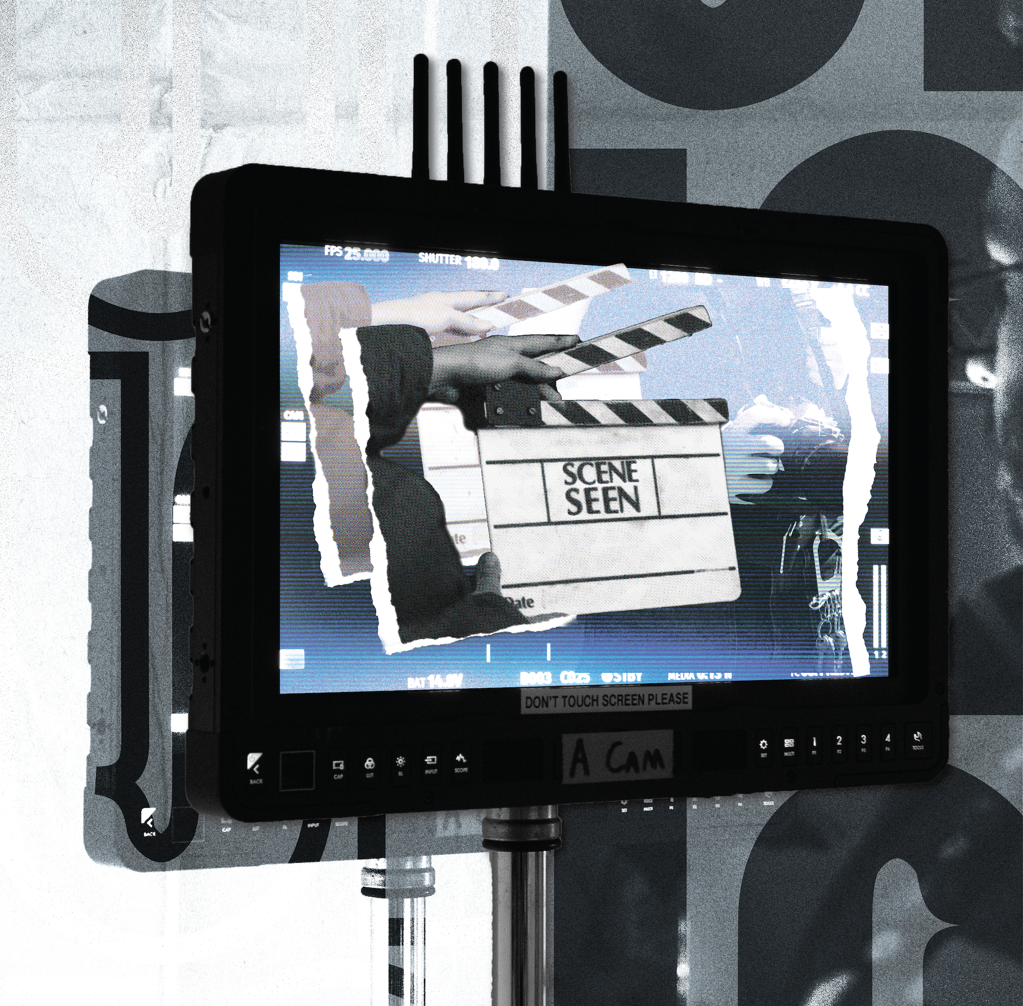 A multi-media artwork. A Video Assist displays an image of a collaged clapperboard which states, SCENE SEEN