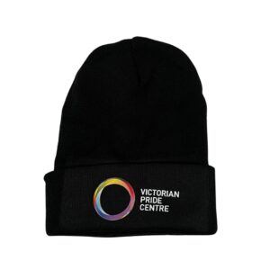 Victorian Pride Centre beanie with the VPC trademark and a black base