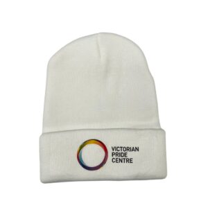 Victorian Pride Centre beanie with trademark and a white base