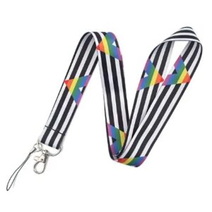 A striped ally lanyard with colourful 'Vs' printed and displayed in a Z formation.