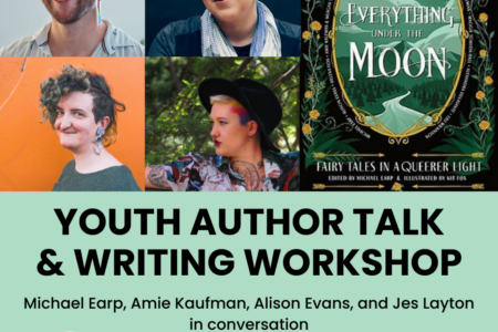 Youth Author Talk and Writing Workshop poster with the line-up, date, time, location and sponsors of the event