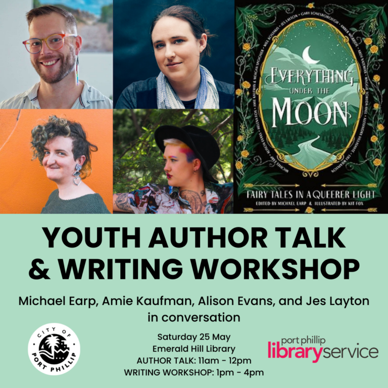 Youth Author Talk and Writing Workshop poster with the line-up, date, time, location and sponsors of the event