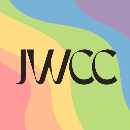 Letters JWCC on a rainbow coloured background