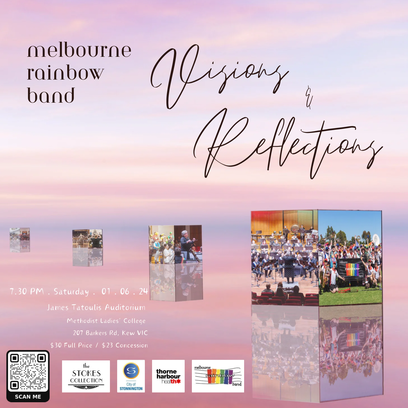 Melbourne Rainbow Band presents 'Visions & Reflections' - Event details, partners, and band members featured. QR code in bottom left.