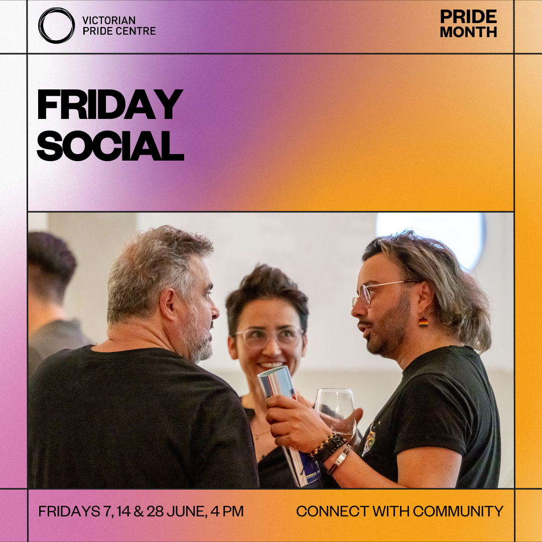 Friday Social poster with date, time and location for Pride Month