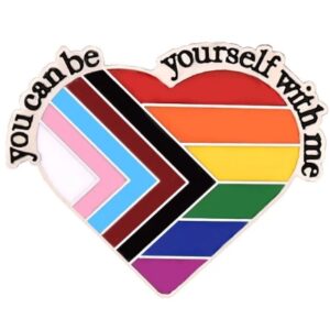 Progressive Pride Flag Heart Badge stating "you can be yourself with me" above the heart.