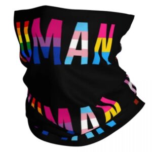 Motorbike neck warmer centred in the frame, with partially visible letters hinting 'HUMAN' in capitals.