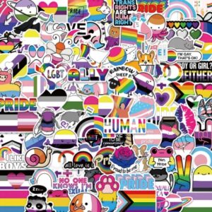 A collage of various LGBTQIA+ stickers arranged in a square frame.