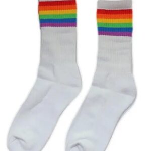 Crew socks with a white base and the rainbow colours printed at the top/on the end of the sock.