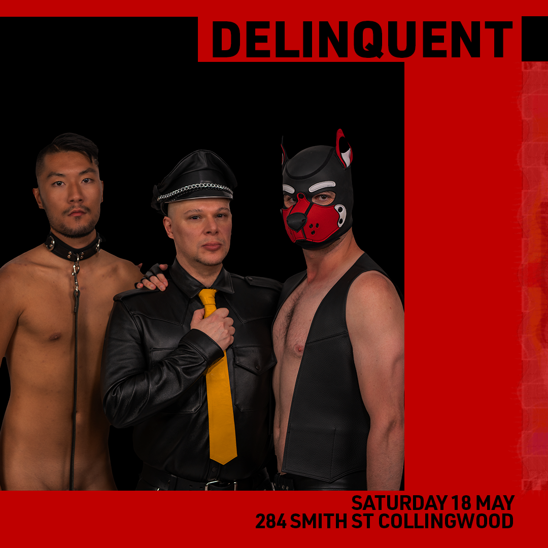 'Delinquent' poster with event details. Three people in costume stare directly at the camera.