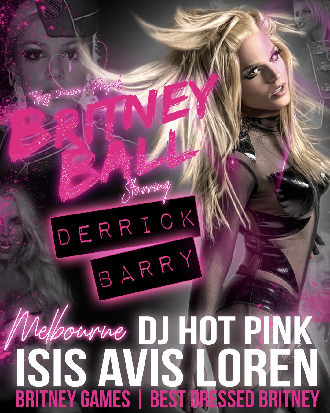 Poster for 'Britney Ball' starring Derrick Barry, designed with a 2000s aesthetic.