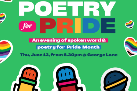 Poetry for Pride poster with animated microphones surrounding the text of the date, time and location.