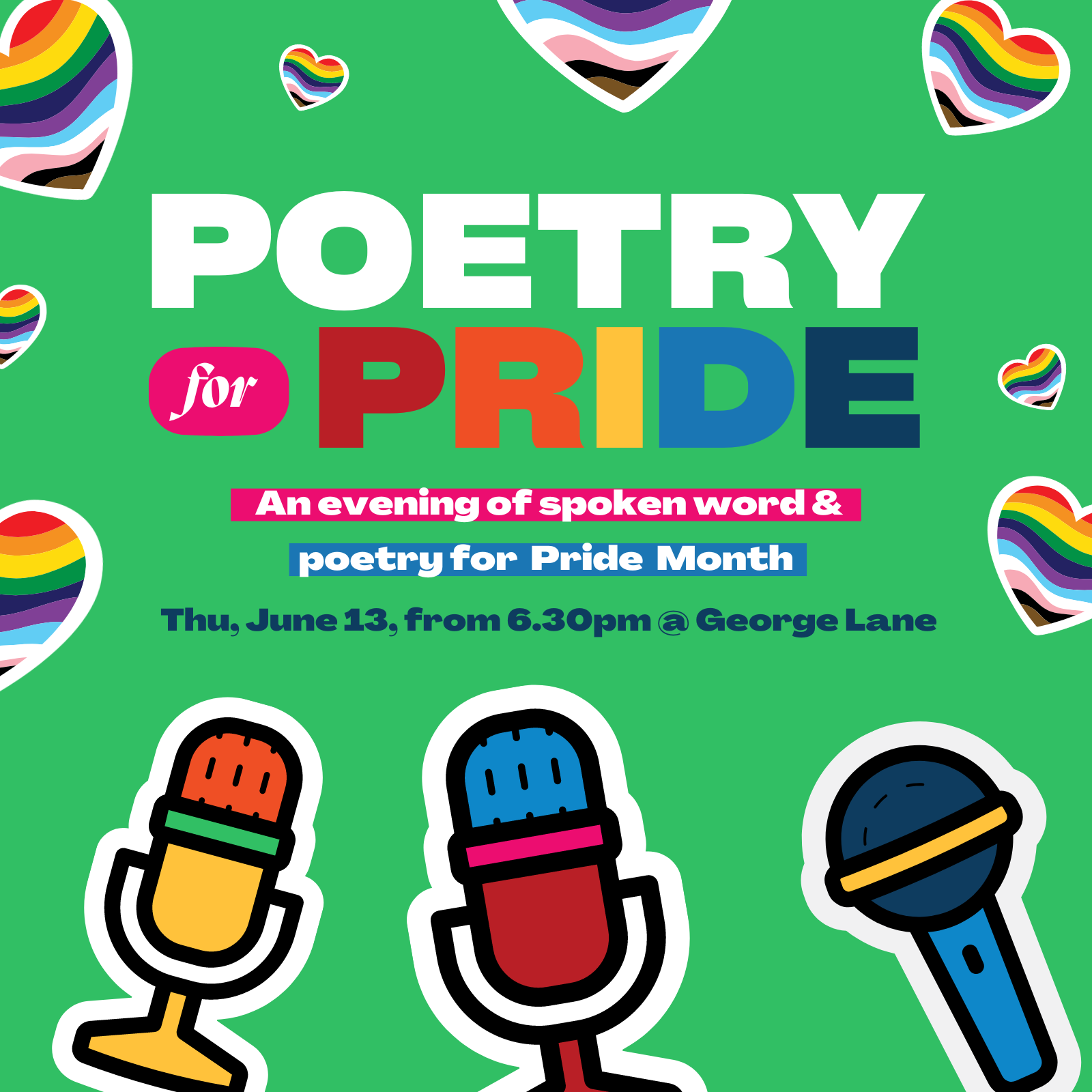 Poetry for Pride poster with animated microphones surrounding the text of the date, time and location.