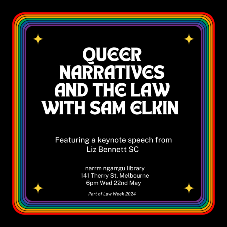 Queer Narratives and the Law with Sam Elkin poster with keynote speaker, date, time and location.