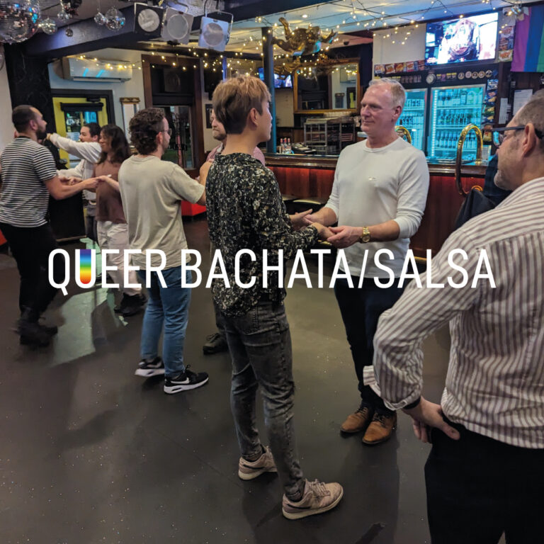 Various people stand in a row amidst partner dancing, with the text 'QUEER BACHATA/SALSA' overlaid.