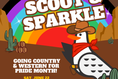 Scoot & Sparkle poster features Western-themed iconography with a large rainbow backdrop with date, time and location included.