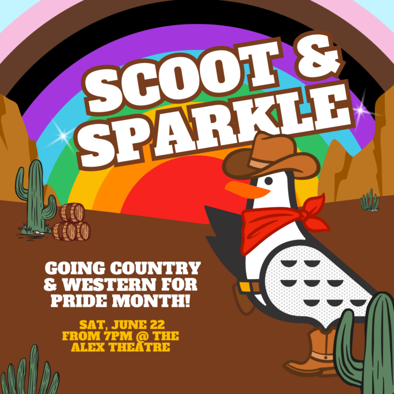 Scoot & Sparkle poster features Western-themed iconography with a large rainbow backdrop with date, time and location included.