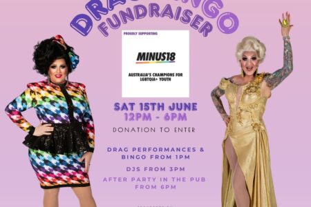 Drag Bingo Fundraiser with Minus18 poster detailing the date, time, location and sponsors of the event