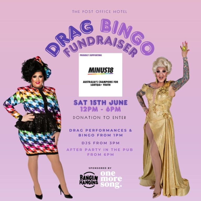 Drag Bingo Fundraiser with Minus18 poster detailing the date, time, location and sponsors of the event