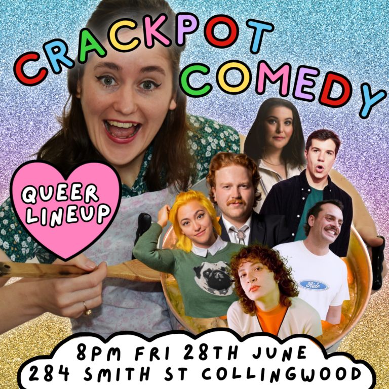 'Crackpot Comedy' poster with date, time and location.