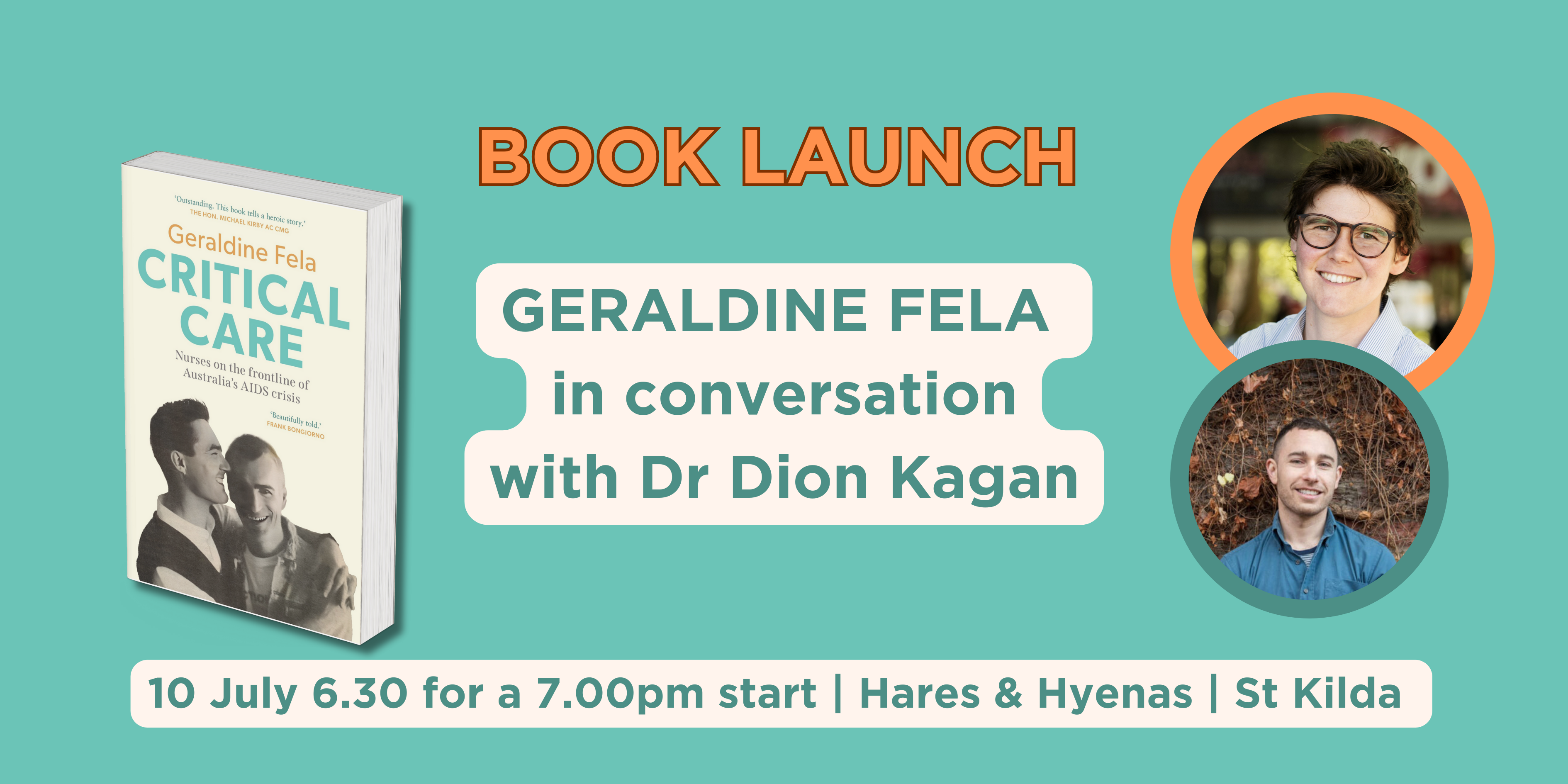 Book launch for Critical Care by Geraldine Fela detailing the date, time and location of the launch