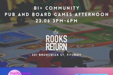 Bi+ community Pub and Board games afternoon presented by the Melbourne bisexual network poster with date, time and location.