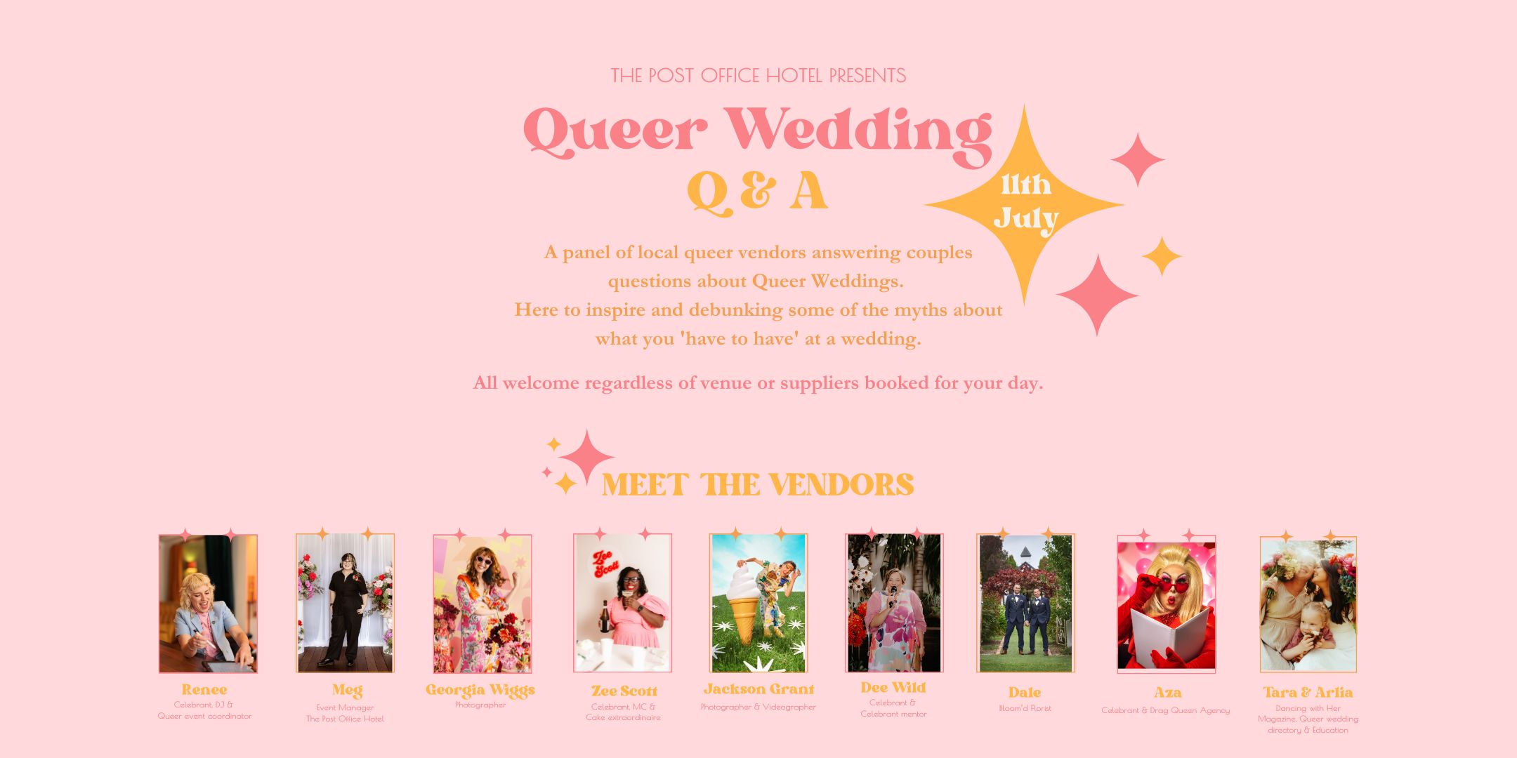 Queer Q&A Ticket Banner with location, date and the vendors