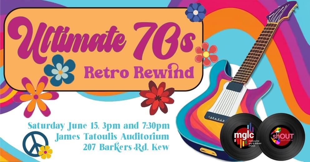 Ultimate 70s Retro Rewind Poster with date, location and times of the event. 70's aesthetic and iconography surround the text.
