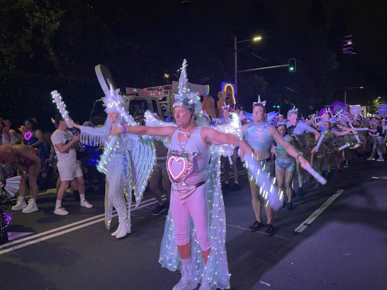 Parade performers with sparky costumes that light up