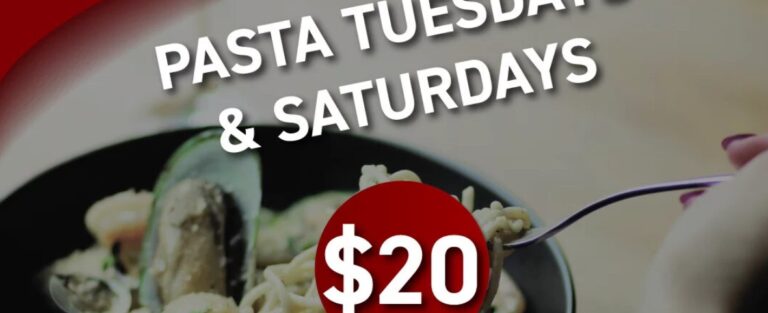 Pasta Tuesdays & Saturdays poster with $20 as the main focus.