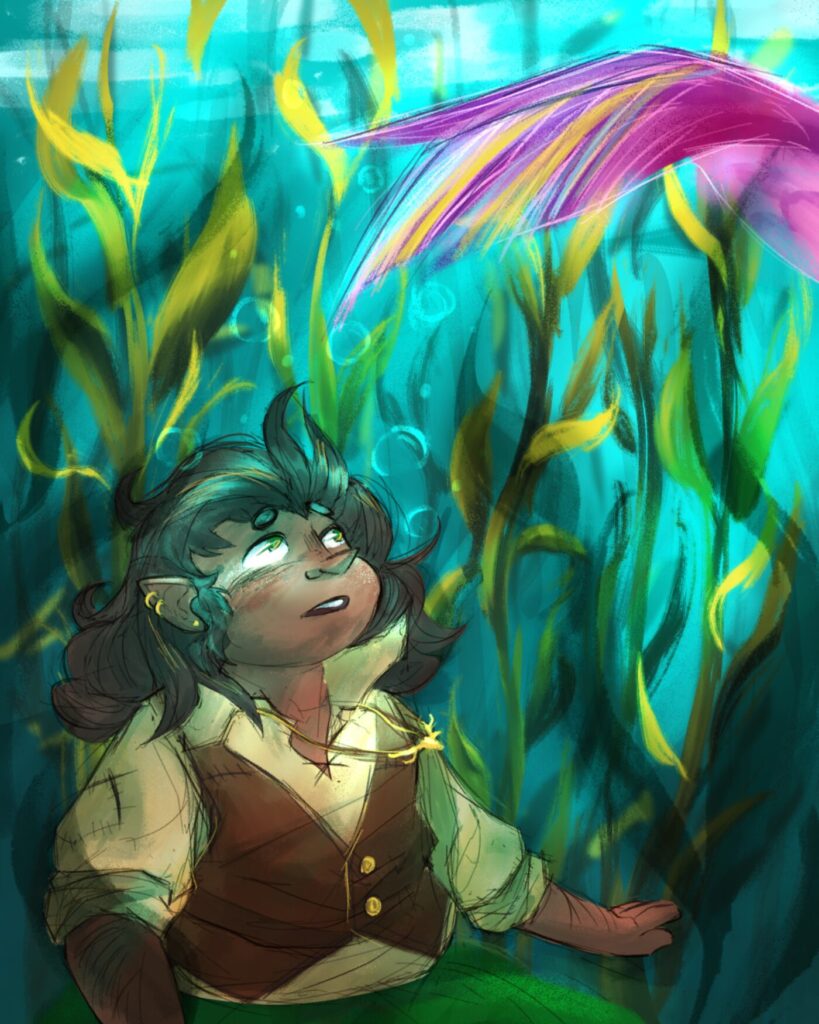 an artwork of a cartoon person underwater staring at a mermaid tail